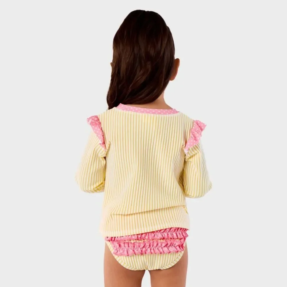RuffleButts Baby Girls' Seersucker Long Sleeve 2pc Rash Guard Set - Yellow 18M